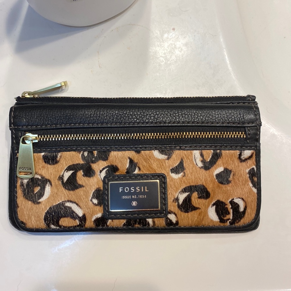 Fossil Black/Leopard Print Leather/Cow Hide Wallet